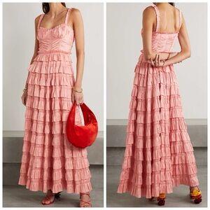 Ulla Johnson Tiered Plissé Satin Maxi Camille Dress in Pink, 00